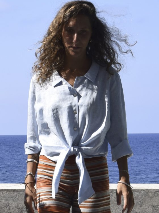 Camicia in morbido lino con nodo in vita colore bianco design by Delfina Letizia