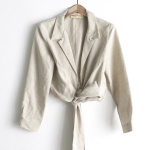 Camicia a incrocio lino beige con nastro