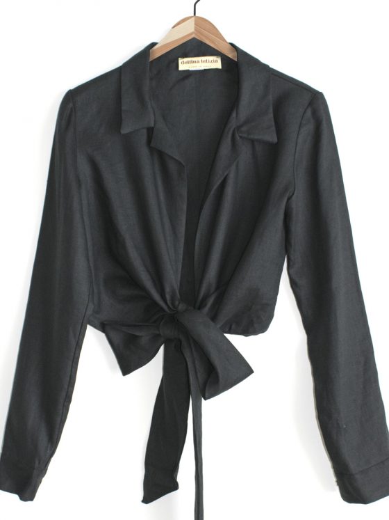 Camicia a incrocio lino nero con nastro0